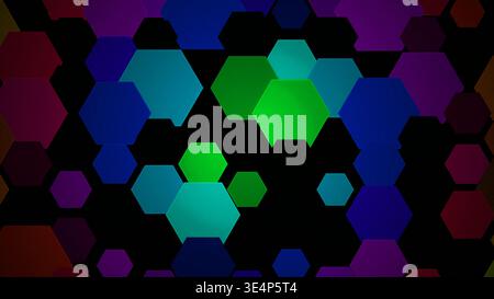 De nombreux hexagones dans les tons bleu, vert et violet disposés sur un fond noir. Les formes créent un design abstrait visuellement frappant. Banque D'Images