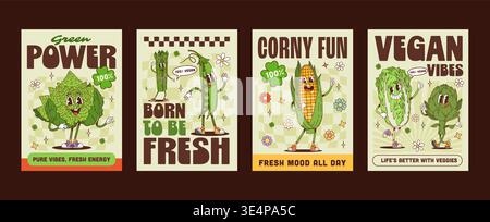 Affiches de personnages de légumes verts hippie funky groovy. Pois verts vibrants, maïs, chinois, chou romanesque, chou frisé et artichaut avec des expressions ludiques. Affiches vectorielles rétro de décor de cuisine Illustration de Vecteur