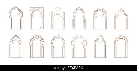 Cadres boho arabes, portes et fenêtres islamiques, arabes et marocaines. Ensemble vectoriel musulman Ramadan d'éléments intérieurs linéaires de mosquée. Portails d'arcs arabes avec étoiles et croissants pour Eid Moubarak Illustration de Vecteur