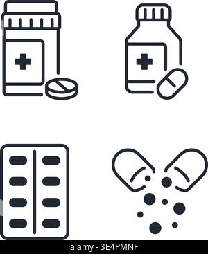Un ensemble de quatre icônes de ligne minimaliste avec des bouteilles de pilules pharmaceutiques, des capsules et des emballages blister illustration de stock. Illustration de Vecteur