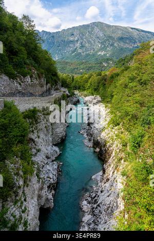 Vue panoramique d'été le long de la rivière Isonzo (Soca) en Slovénie. Banque D'Images