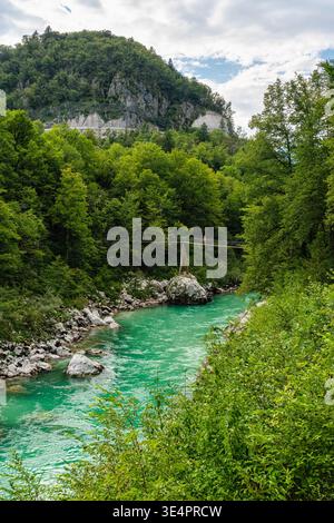 Vue panoramique d'été le long de la rivière Isonzo (Soca) en Slovénie. Banque D'Images