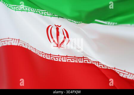 Agitant le drapeau national de l'Iran avec des bandes horizontales vertes, blanches et rouges. Arbore l'emblème central rouge et la calligraphie Kufic. Haute qualité Banque D'Images