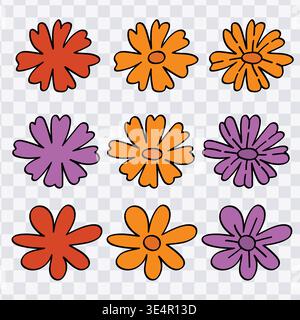 Une collection de gribouilles de fleurs dessinées à la main simples avec des contours noirs dans des couleurs vives orange violet et rouge. Illustration de Vecteur