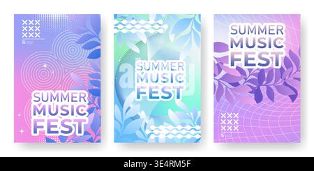 Ensemble d'affiches du festival de musique d'été de l'an 2000. Illustration réaliste vectorielle de bannières rétro colorées avec motif floral et formes de ligne filaire abstraites sur fond rose, vert, violet, flyer de festival d'art Illustration de Vecteur