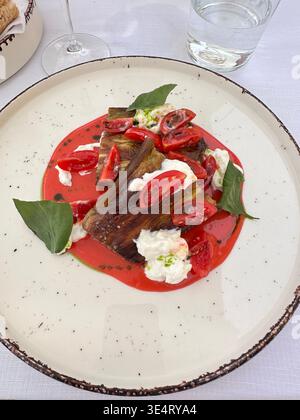 Hors-d'œuvre d'aubergines rôties avec tomates cerises fraîches, fromage stracciatella et basilic sur une assiette design. Cuisine italienne gastronomique, fond de nourriture. Banque D'Images