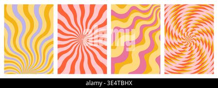 Motifs rétro groovy avec des tourbillons psychédéliques, des lignes ondulées. Illustration vectorielle de fond abstrait avec des spirales vibrantes, des formes géométriques de couleur arc-en-ciel, des textures funky pour un design graphique moderne Illustration de Vecteur