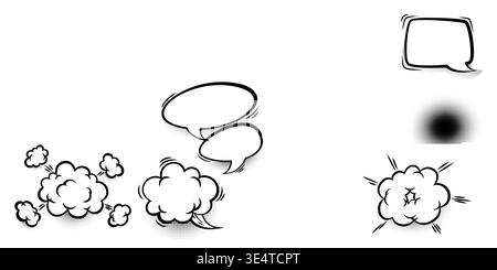 Bulles de bande dessinée avec effet sonore pop art et demi-ton. Icônes de doodle de nuage de dessin animé, cadres de speach vides, ensemble vectoriel de modèles de conception comix isolé sur fond blanc Illustration de Vecteur