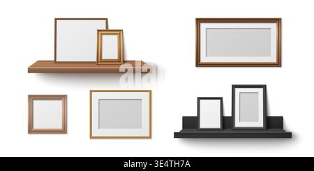 Étagère en bois réaliste avec maquette de cadres vides, illustrations vectorielles. Éléments d'affichage de produit, décoration murale blanche à la maison ou exposition de détail avec bordures d'image blanches. Mobilier 3D avec texture bois Illustration de Vecteur