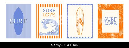 Timbre de surf vintage, affiches côtières dessinées à la main d'été, illustrations vectorielles définies. Design rétro badge de plage, cartes postales de voyage avec coquillages aux frontières minimalistes, autocollants tropicaux avec planches de surf Illustration de Vecteur