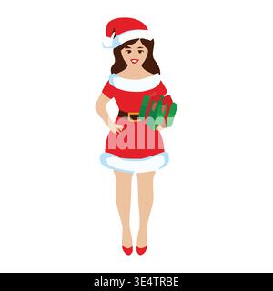 Une femme dans une robe de père noël et un chapeau tenant un arbre de Noël Illustration de Vecteur
