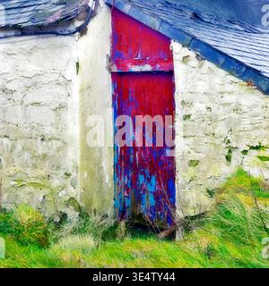 Un vieux chalet rustique montre l'effet de l'altération sur de nombreuses années. L'herbe envahie ajoute à l'apparence négligée. Banque D'Images