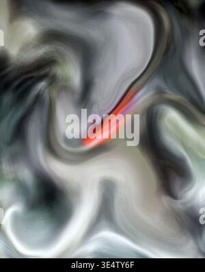 Composition abstraite de tourbillons fluides et de textures fumées douces dans des tons de gris discrets avec un point focal orange vif. Banque D'Images