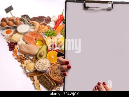 Concept d'alimentation saine pour la pyramide alimentaire de 2025 comprenant des protéines, des produits laitiers, des fruits, des légumes, des grains entiers et des graisses saines avec des ingrédients frais Banque D'Images