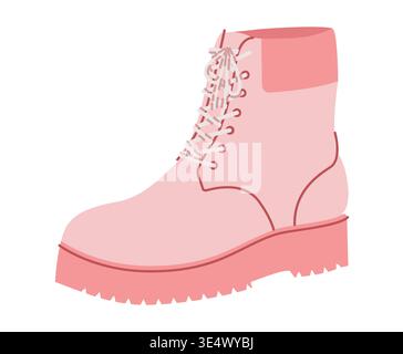 Rose grosse dentelle bottine femme Flat paire. Col rembourré avec crampon pour la ville, garde-robe de festival. Illustration de mode technique CAD maquette lisse vecteur hommes unisexe style glamour isolé. Illustration de Vecteur