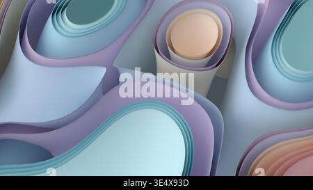 Couches de papier en bleu, lilas, sarcelle, beige, pêche, et le gris forment un motif de papier peint abstrait avec une profondeur douce, des bords arrondis et une finition mate. Banque D'Images