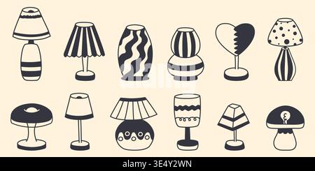 Ensemble de lampes de table dans le style croquis doodle. Collection de diverses lampes modernes et rétro avec abat-jour à motifs. Eléments de conception à l'encre dessinés à la main Illustration de Vecteur