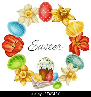 Couronne de Pâques à l'aquarelle avec un gâteau de Pâques traditionnel, des œufs colorés, des jonquilles et des tulipes. Parfait pour les fêtes de Pâques, textiles, packa Banque D'Images