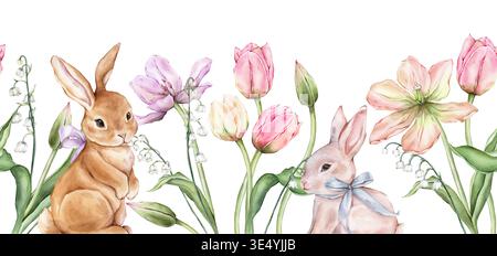 Bannière sans couture de tulipes jaune bourgeon rose clair violet pastel et illustration aquarelle lapins isolée sur fond. Pérenne de printemps dessiné à la main Banque D'Images
