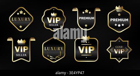 Étiquettes de ruban d'or noir premium, emblèmes de luxe, icônes vectorielles réalistes isolées sur fond. Élégantes bannières dorées, étiquettes pour les récompenses VIP, certificats, promotions exclusives, cadres de badge de sceau Illustration de Vecteur