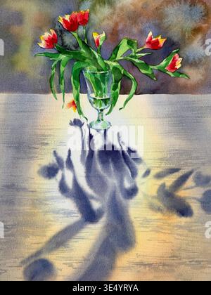 Un bouquet de tulipes dans un vase sur la table dans un fond aquarelle clair de soleil Banque D'Images
