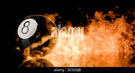 Boule huit noire avec traînée de feu sur fond noir, jeu de billard de piscine mais aussi concept de chance, chance, et destin, illustration 3D. Banque D'Images