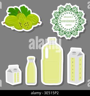 Illustration sur le thème grand ensemble différents types de jus de groseille à maquereau en bouteille, modèle de jus de groseille composé de boisson organique de collection à bot Illustration de Vecteur
