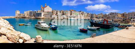Giovinazzo Puglia ultra haute résolution panorama de murs médiévaux blancs et de bateaux de pêche sur la mer turquoise côte Adriatique Italie Sud voyage destinat Banque D'Images