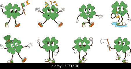 Trèfle vert groovy. Trèfle vert avec quatre pétales, symbole de la chance. Drôle de personnage rétro tenir des drapeaux, des visages émotionnels, des mascottes mignonnes, néotériques Illustration de Vecteur