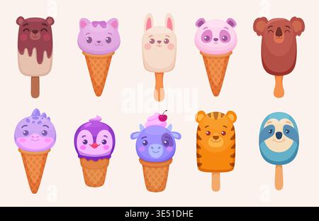 Crème glacée pour animaux. Savoureux bâton congelé des têtes de dessins animés animaux ensemble exact d'illustration vectorielle Illustration de Vecteur