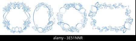 Cadre citron italien avec illustration d'agrumes. Bordures d'esquisse d'encre bleue doodle méditerranéenne avec des fruits, des feuilles et des fleurs ensemble vecteur isolé sur blanc. Art au trait d'été, modèles de design vintage Illustration de Vecteur