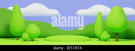 Joli fond de parc pour enfants 3D avec des collines d'herbe verte, ciel bleu avec des nuages moelleux blancs et podium. Scène de terrain de jeux d'enfants de dessin animé avec des arbres, paysage de champ de printemps de la nature dans le style de la plasticine Illustration de Vecteur