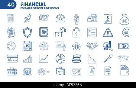 Jeu d'icônes vectorielles Financial and Business Outline 40 éléments de contour modifiables Illustration de Vecteur