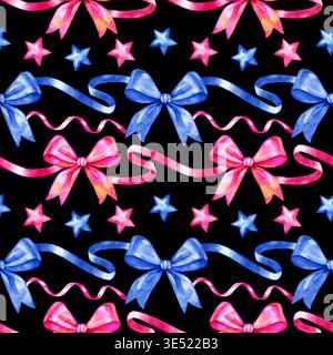 Motif sans couture d'aquarelle dessiné à la main avec des noeuds bleus et roses, des rubans et de petites étoiles. Ce design festif présente des textures aquarelles vives Banque D'Images