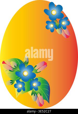 Vecteur d'oeuf de Pâques isolé sur fond transparent. Oeuf dégradé orange et jaune avec fleurs bleues et motif bourgeons roses. Printemps traditionnel Illustration de Vecteur
