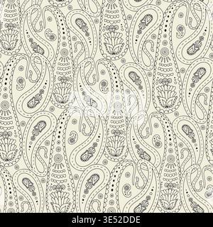 Dessiné à la main noir et blanc ligne complexe art Paisley motif sans couture sur fond lumineux Illustration de Vecteur