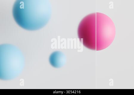 Glassmorphisme 3D avec verre givré et sphères roses et bleues sur blanc Banque D'Images