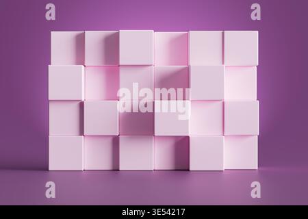 Cubes roses disposés dans un motif de grille, créant un mur géométrique moderne avec des ombres douces sur un fond violet dégradé. Arrière-plan abstrait Banque D'Images