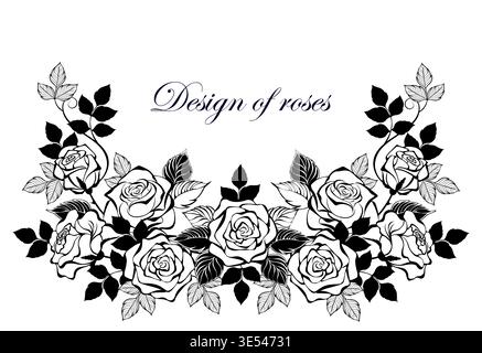 Cadre de roses de contour dessinées artistiquement avec des feuilles de silhouette noires. Gabarit de coupe. Illustration de Vecteur