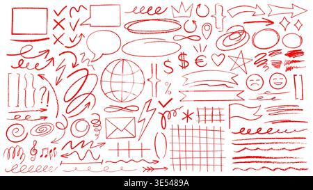 Dessiné à la main Doodle crayon rouge bulle et cadre, flèche et marque, surligner et souligner les lignes. Tracés abstraits de crayon rouge vectoriel, drapeau et étoile, bannière de ruban, sourire et forme de globe Illustration de Vecteur