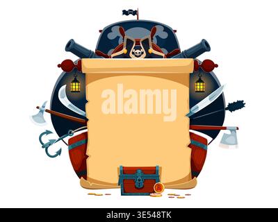 Bannière pirate avec voilier, armes à canon et vieux rouleau avec coffre au trésor, vecteur de dessin animé. Bannière pirate de voilier corsaire avec crosses de crâne Jolly Roger, grappin et épées de sabre Illustration de Vecteur