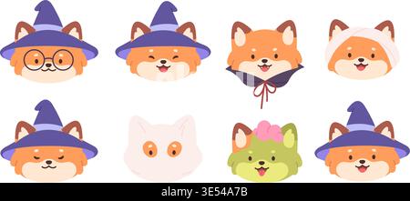 Avatars drôles de personnages de renard. Renards visages coquins, en chapeau de sorcière, zombie, momie. Personnages adorables d'animaux sauvages, Halloween, clipart vectoriel Illustration de Vecteur