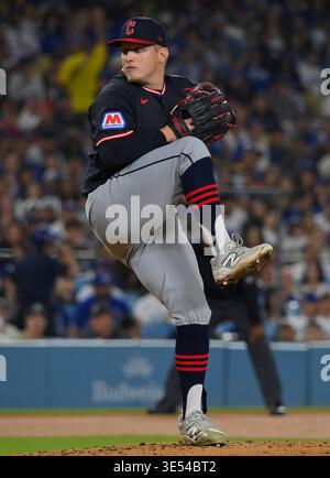 Los Angeles, États-Unis. 30 mars 2026. Le lanceur Parker Messick des Cleveland Guardians termine sa bataille contre les Dodgers de Los Angeles au Dodger Stadium de Los Angeles le lundi 30 mars 2026. Photo de Jim Ruymen crédit : UPI/Alamy Live News Banque D'Images