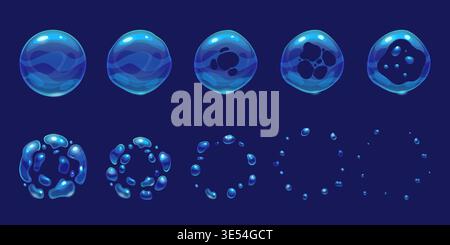 Animation de bulles de savon. Explosion de bulles de mousse, séquence d'éclatement de boule d'eau animée exploser sphère liquide effet splash sprite feuille cercle jeu de bande dessinée illustration vectorielle ingénieuse illustration illustration originale Illustration de Vecteur