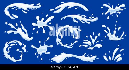 Éclaboussures de lait. Éclaboussure de crème, éclaboussure de yaourt tourbillonnement vague boisson laitière goutte à goutte liquide laiteux milkshake crémeux boisson d'eau blanche bande dessinée yaourt flux ingénieux illustration vectorielle illustration originale Illustration de Vecteur
