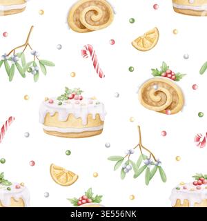 Desserts de Noël dessinés à la main et motif sans couture d'aquarelle de gui sur blanc. Canne à bonbons, gâteau décoré, bûche Yule et fond orange séché pour Banque D'Images