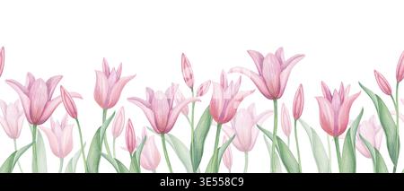 Motif aquarelle sans couture de fleurs de tulipe rose sur fond isolé. Tulipes à floraison printanière sur les tiges avec des bourgeons et des feuilles vertes répétitives Banque D'Images