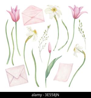 Fleurs de printemps, enveloppes de lettre clip art illustration aquarelle sur fond isolé. Jonquilles dessinées à la main, tulipes, herbes et accessoires d'expédition Banque D'Images
