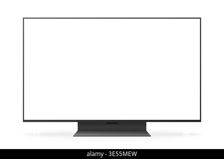 Téléviseur intelligent plat moderne avec écran blanc vierge, cadre noir minimal et support, modèle de maquette propre pour l'interface utilisateur, présentation d'application, publicité, isolé sur l'illustration vectorielle de fond blanc Illustration de Vecteur