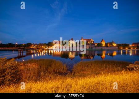 Le château Malbork des chevaliers teutoniques ordre la nuit en Pologne. Château gothique médiéval en briques à la rivière Nogat. Banque D'Images